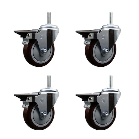Service Caster 4 Inch Maroon Polyurethane Wheel Swivel 34 Inch Threaded Stem Caster Set with Brake SCC SCC-TS20S414-PPUB-MRN-PLB-34212-4